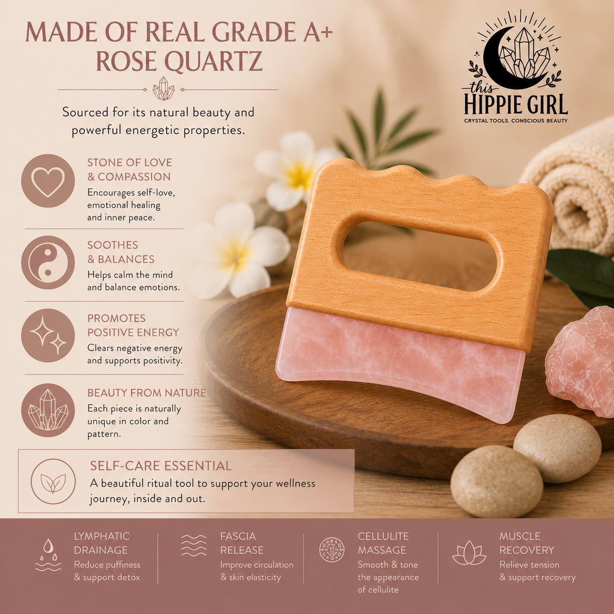 Rose Quartz Body Gua Sha Tool | Crystal Body Sculpting Massage | Lymphatic Drainage Tool | Natural Skincare Ritual | Self Care Gift for Her