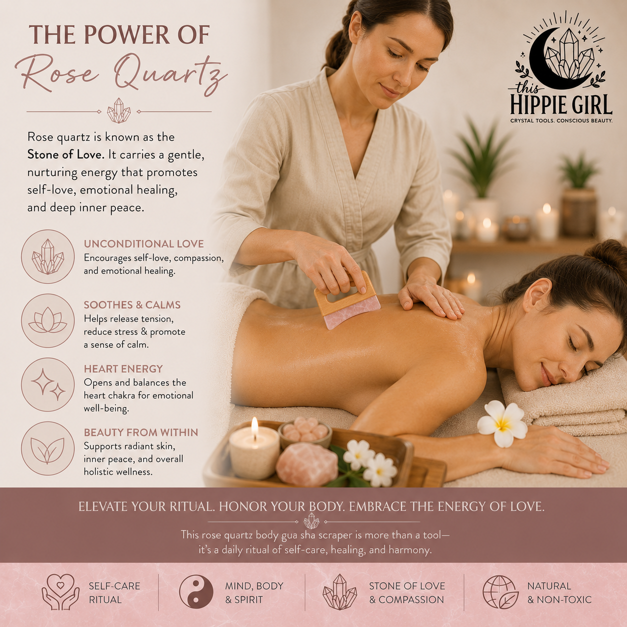 Rose Quartz Body Gua Sha Tool | Crystal Body Sculpting Massage | Lymphatic Drainage Tool | Natural Skincare Ritual | Self Care Gift for Her