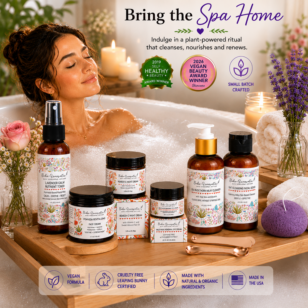 Ultimate Boho Skincare Set - 6 Full size bottles, Konjac Sponge, Eye Cream Applicator and Scoopie