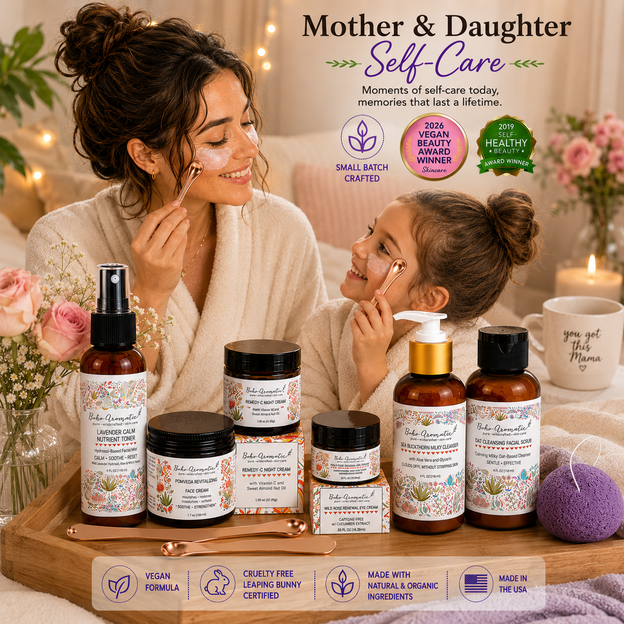 Ultimate Boho Skincare Set - 6 Full size bottles, Konjac Sponge, Eye Cream Applicator and Scoopie