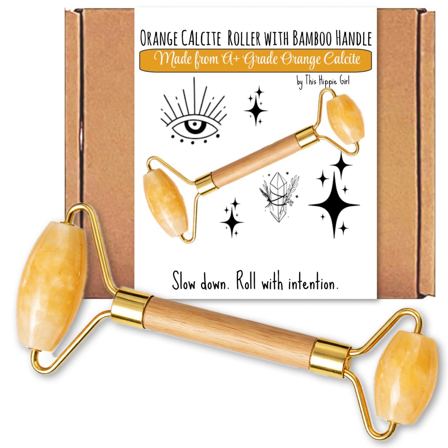 Orange Calcite Facial Roller – Bamboo Handle, Natural Stone Skincare