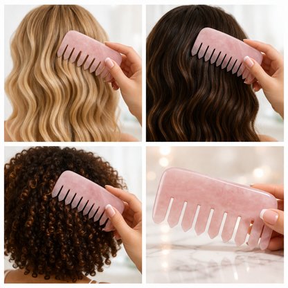 Crown Chakra Rose Quartz Comb | Crystal Scalp Massage Comb | Wide Tooth Detangling Comb | Rose Quartz Hair Comb | Self Care Hair Ritual Tool