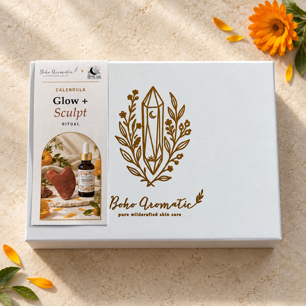 Calendula Glow + Sculpt Ritual Gift Set - Red Jasper Heart Gua Sha and Botanical Oil