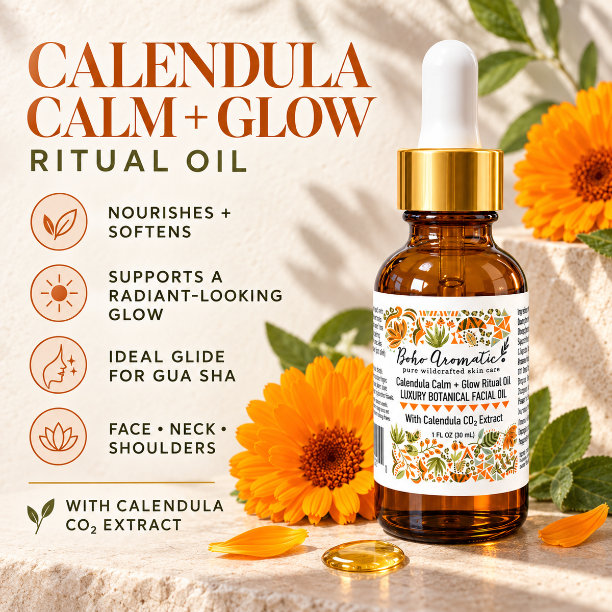 Calendula Glow + Sculpt Ritual Gift Set - Red Jasper Heart Gua Sha and Botanical Oil