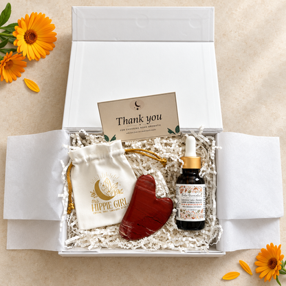 Calendula Glow + Sculpt Ritual Gift Set - Red Jasper Heart Gua Sha and Botanical Oil