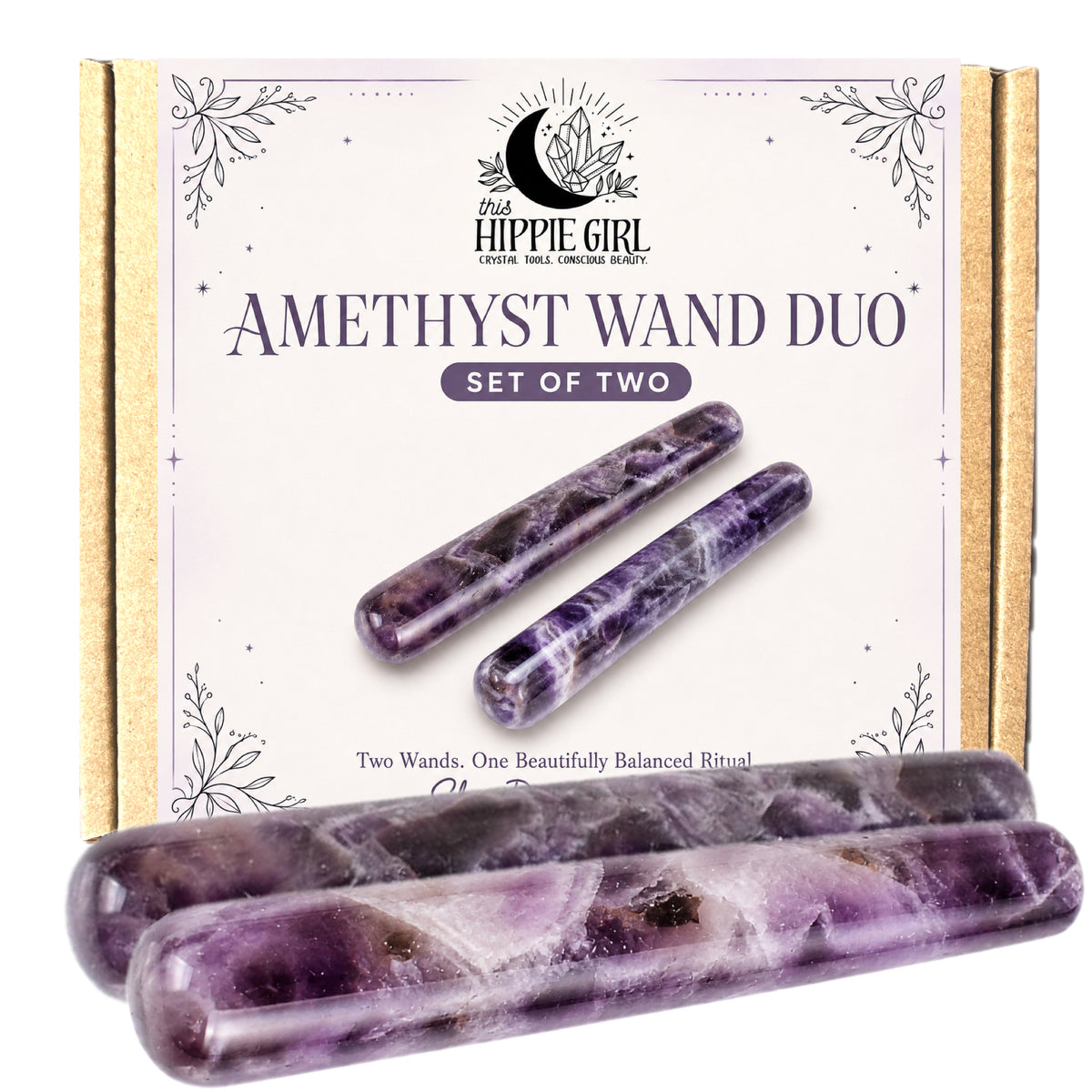 Amethyst Massage Wand Duo, Set of 2 Crystal Facial Massage Tools, Self Care Gift
