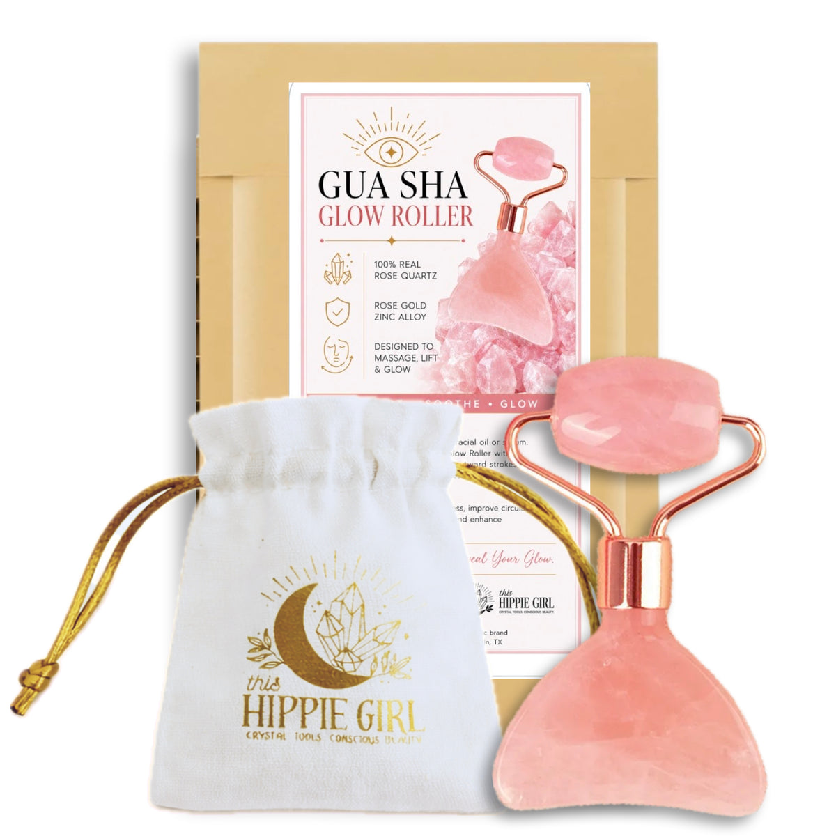 GUA SHA GLOW ROLLER - Travel Friendly, Rose Quartz and Rose Gold Roller & Scraper