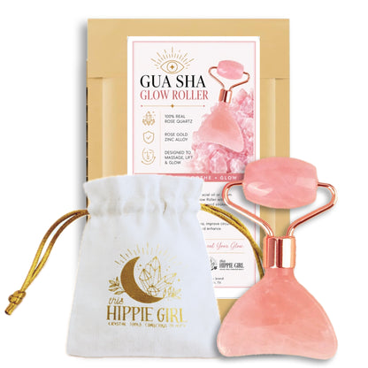 GUA SHA GLOW ROLLER - Travel Friendly, Rose Quartz and Rose Gold Roller & Scraper