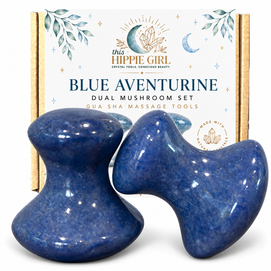 Blue Aventurine Gua Sha Mushroom Set, Facial Sculpting  - Crystal Energy for Face + Body