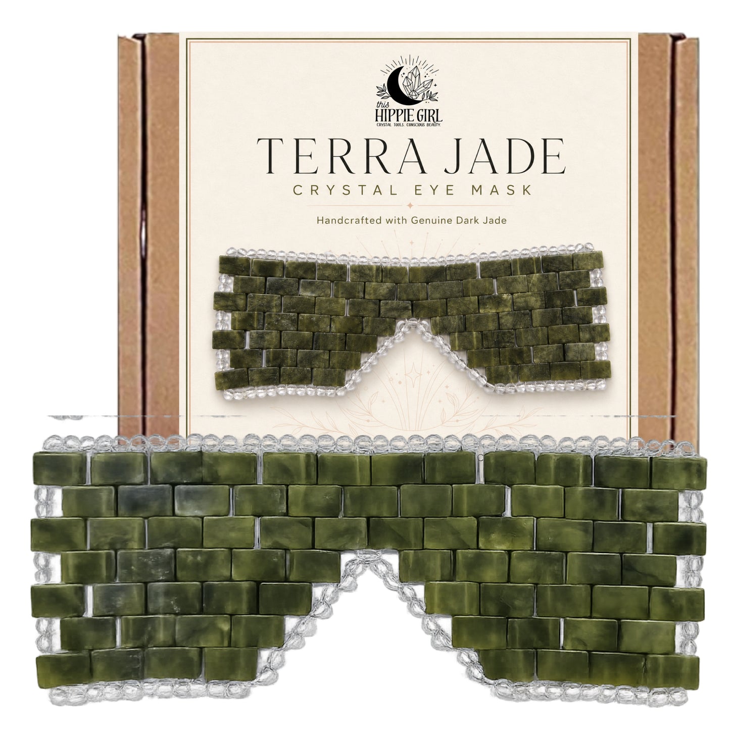Terra Jade, Natural Jade Eye Mask – Cooling Crystal Eye Therapy for Puffiness & Dark Circles, New Glass Bead Boarder
