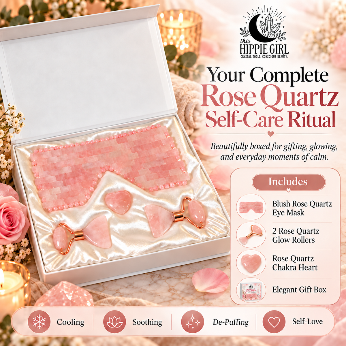 Rose Quartz Gift Set | Eye Mask, Facial Rollers & Chakra Heart