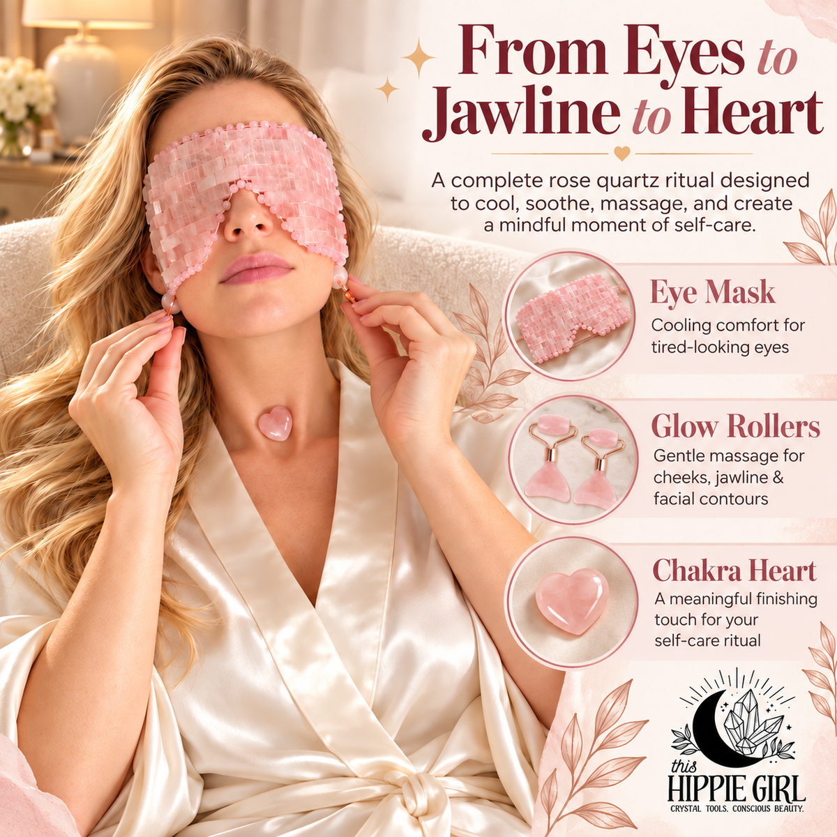 Rose Quartz Gift Set | Eye Mask, Facial Rollers & Chakra Heart