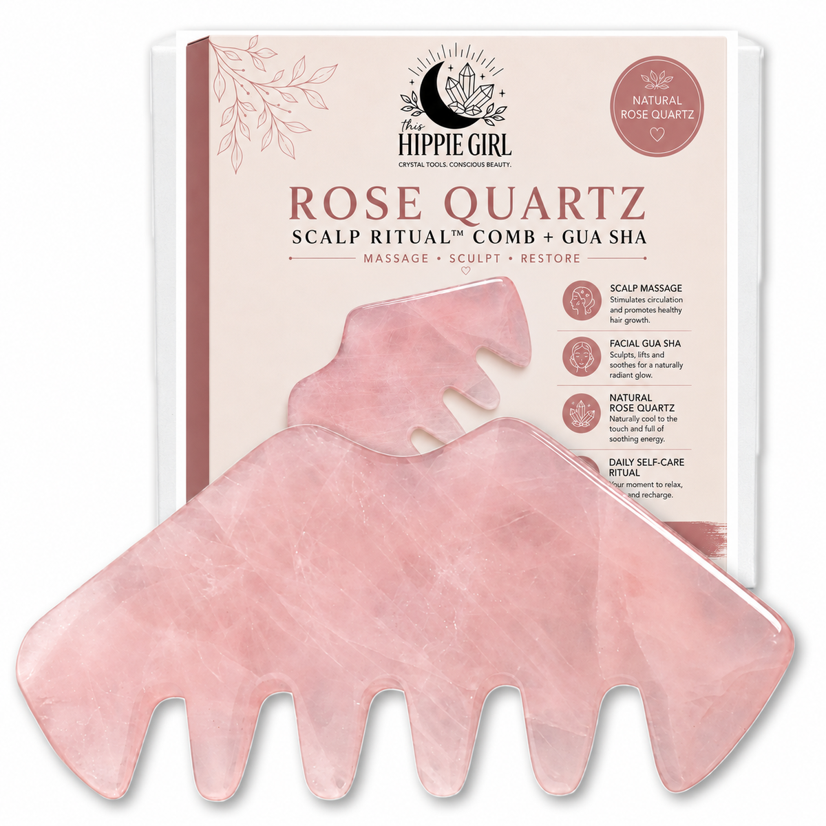 Rose Quartz Scalp Ritual™ Comb + Gua Sha – 2-in-1 Crystal Scalp Massager & Facial Gua Sha Tool for Scalp Massage, Facial Sculpting, Self-Care & Skincare Rituals